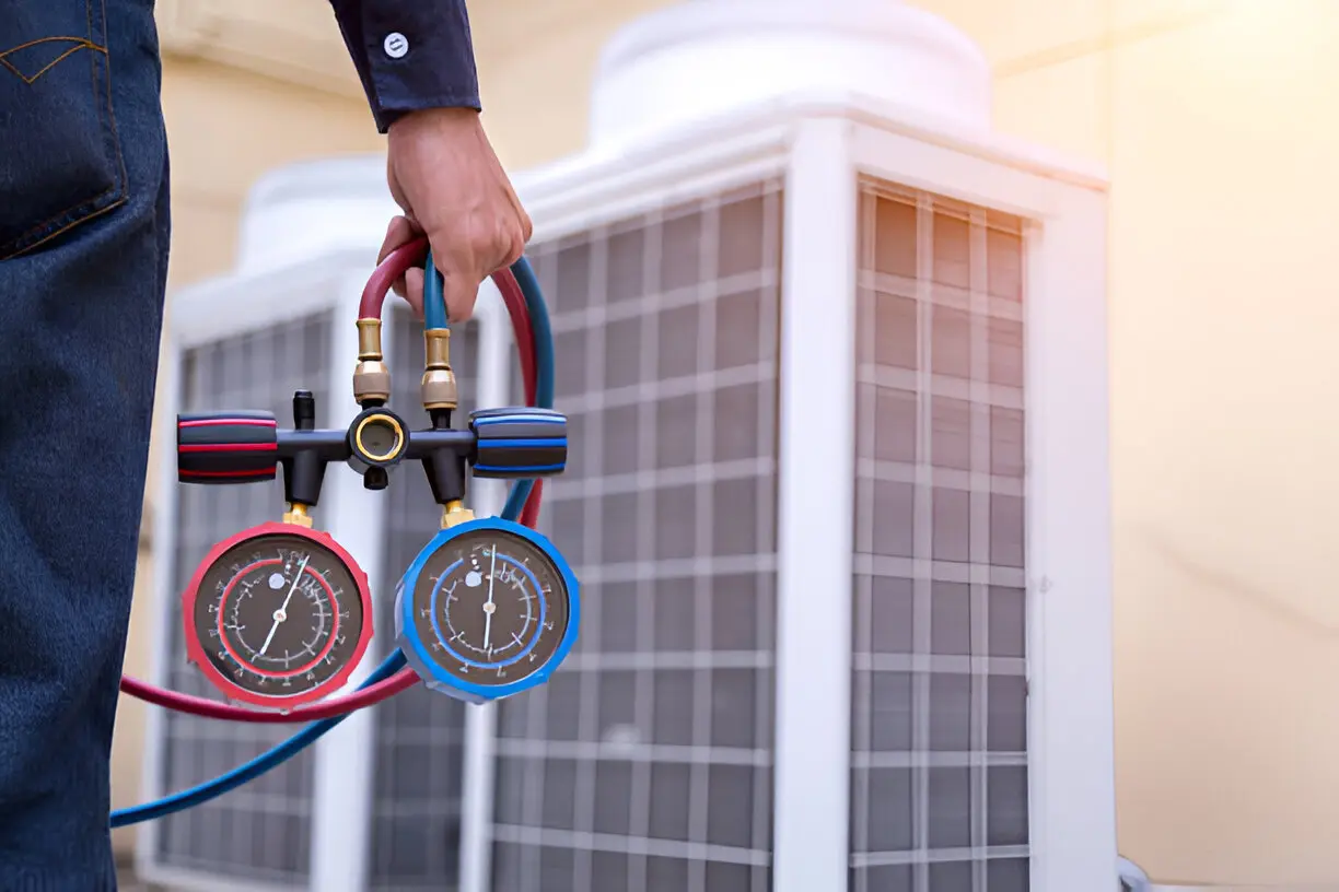 Experienced technician repairing a residential air conditioner unit in Orlando